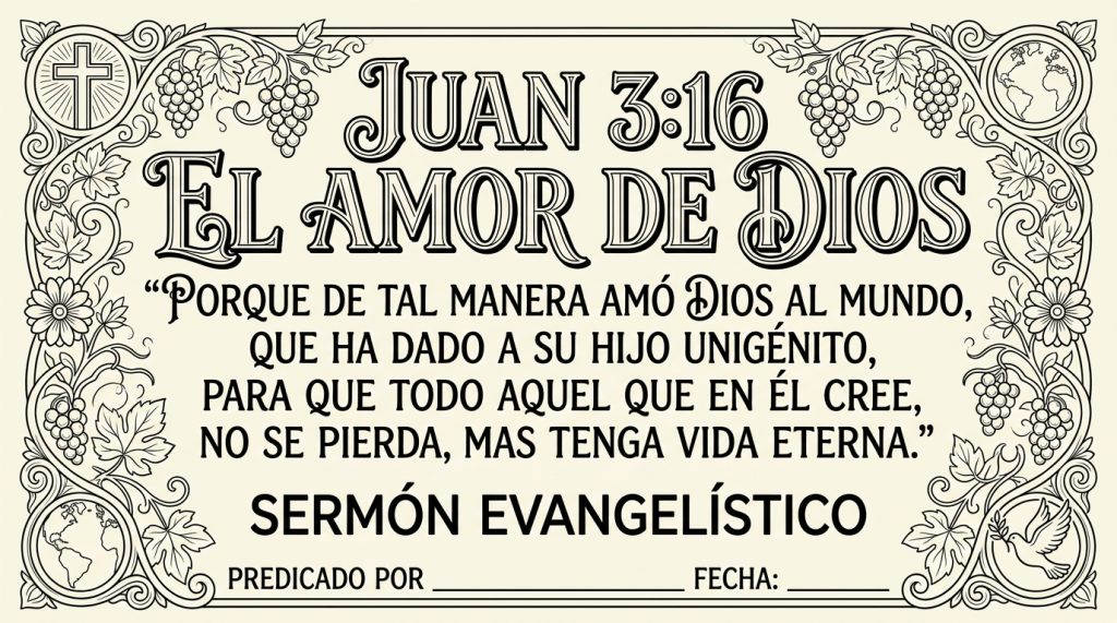 JUAN 3:16 EL AMOR DE DIOS. “PORQUE DE TAL MANERA AMÓ DIOS AL MUNDO, QUE HA DADO A SU HIJO UNIGÉNITO, PARA QUE TODO AQUEL QUE EN ÉL CREE, NO SE PIERDA, MAS TENGA VIDA ETERNA.” SERMÓN EVANGELÍSTICO. PREDICADO POR ______ FECHA: _____.
