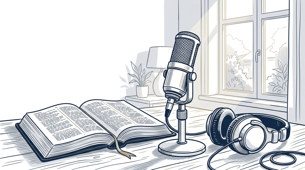 Open book beside a studio microphone and headphones by a sunlit window