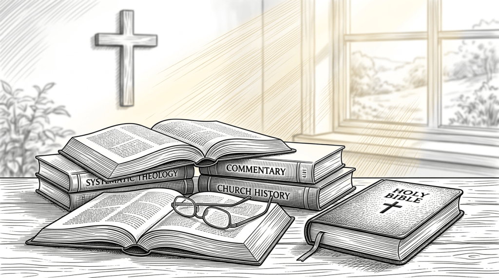 Open Bible and theology books beneath a wall cross by a window